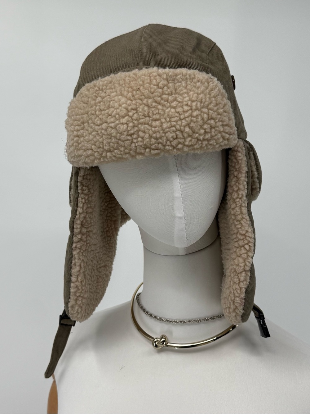 Woolrich Olive Faux-Sherpa Aviator Hat with Cream Lining Size L